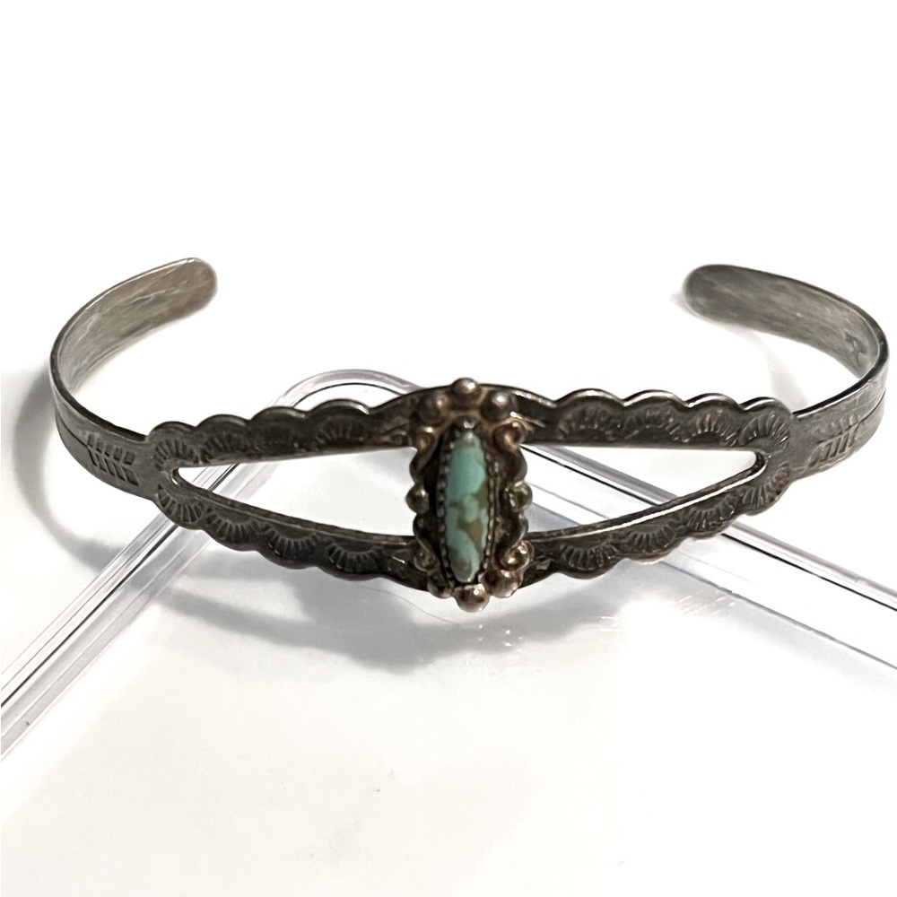 Old Pawn 1930s Navajo Royston Turquoise Stamped Sterling Silver Cuff